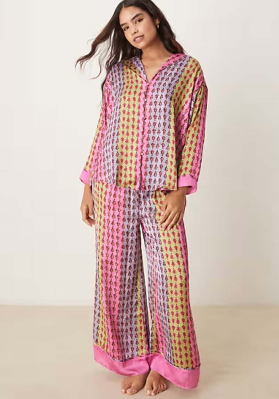 Free People Dreamy Days Pajama Set Frenzy Combo Women Sz Small Satin Long Sleeve